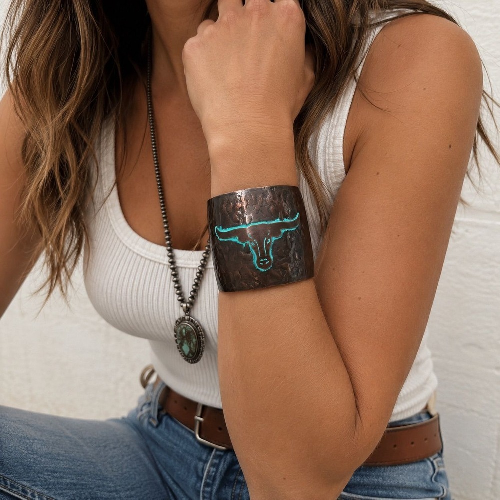 Western Longhorn Hammered Cuff Bracelet